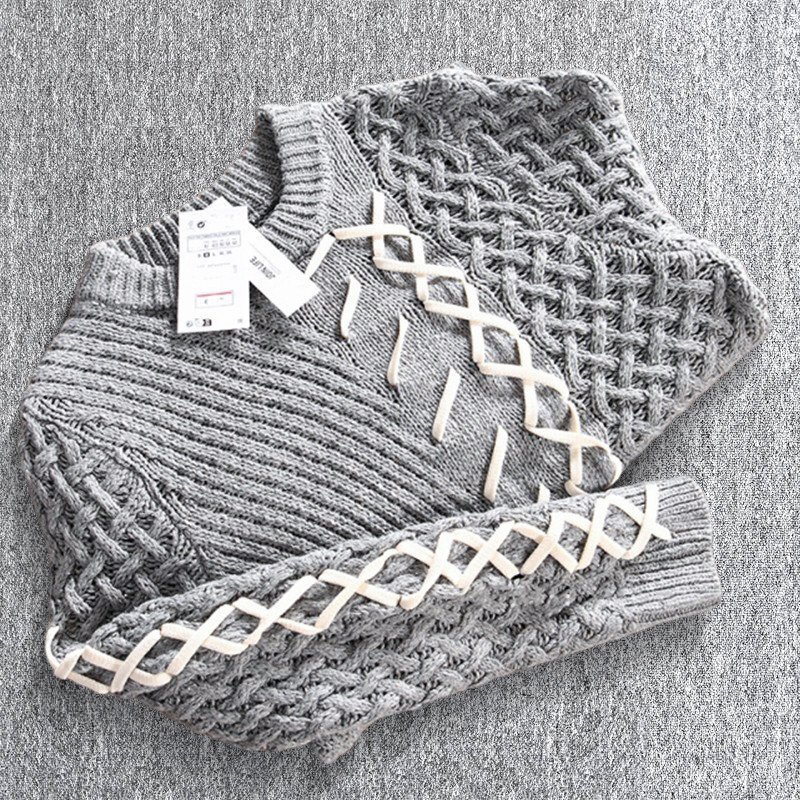 新品 ウール混 テープ配色 ケーブル編み ルーズ セーター 柔らかい メンズ 暖かい 秋冬 冬服 クルーネック ニット プルオーバー 灰 T1050-L拍卖