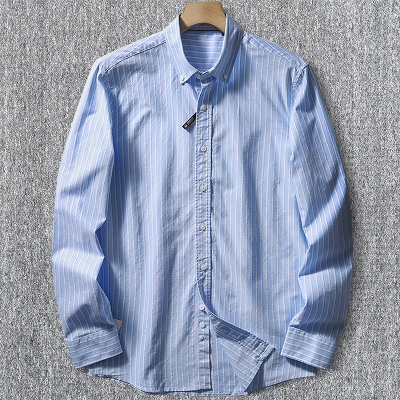 極上品質!国内未販売 DCKMANY 新品メンズストライプ長袖シャツ 純綿 春夏 オフィス ビジネスカジュアル/水色T5046-4XL拍卖