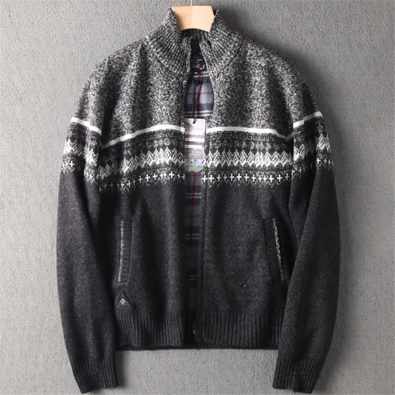 新品 ジャガード ニットジャケット ジップアップ カーディガン メンズ 暖かさ 裏ボア 秋冬 フリース アウター ニットセーター 灰 T6020-2XL拍卖