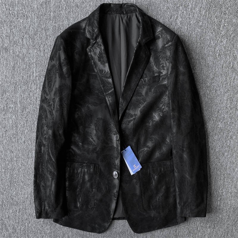 高級オーダーメイド EU製 DCKMANY 新品 イタリア レザー テーラードジャケット 独特なプリント 極上本革 羊革 メンズ 革ジャン 黒C9954-3XL拍卖