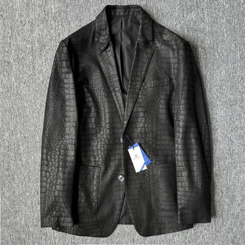 【超人気】定番 EU製 DCKMANY新品 羊革 イタリア レザー テーラードジャケット メンズ 独特なワニ柄 本革ジャケット ブレザー/黒A8043-XL拍卖