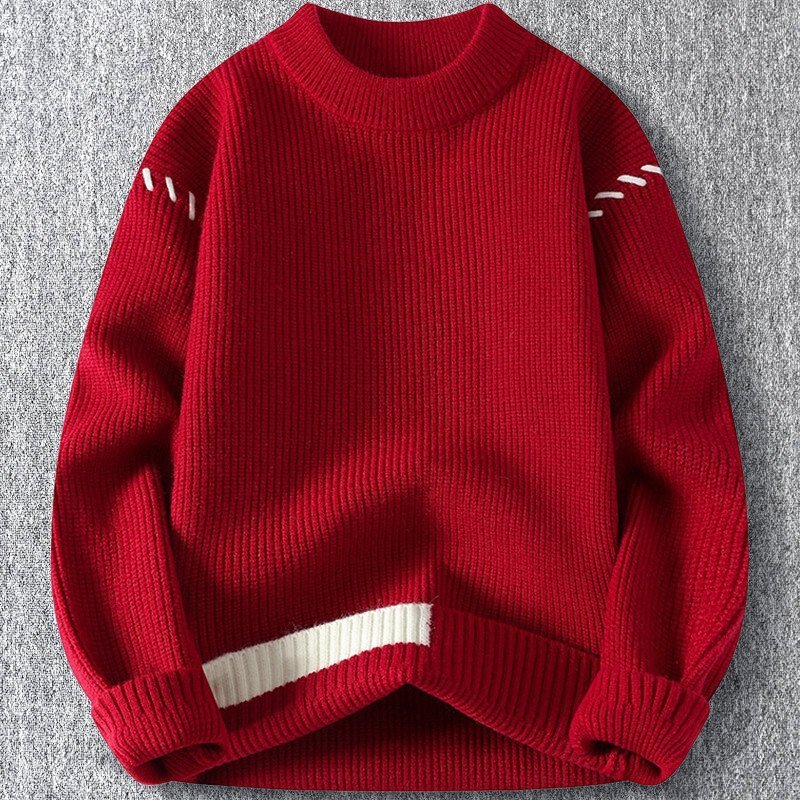 新品 DCKMANY ウール混 クルーネック ニットセーター メンズ 秋冬 リブ編み 配色 厚手 暖かい 長袖 プルオーバー トップス 赤 T5214-L拍卖