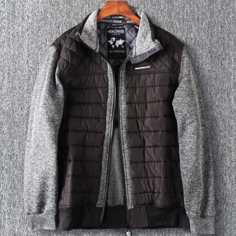 新品 メンズ ジャケット ニット キルティング 中綿 切替デザイン 立ち襟 厚手 秋冬 暖かい 裏ボア ブルゾン アウター 黒 灰 T5004-M拍卖