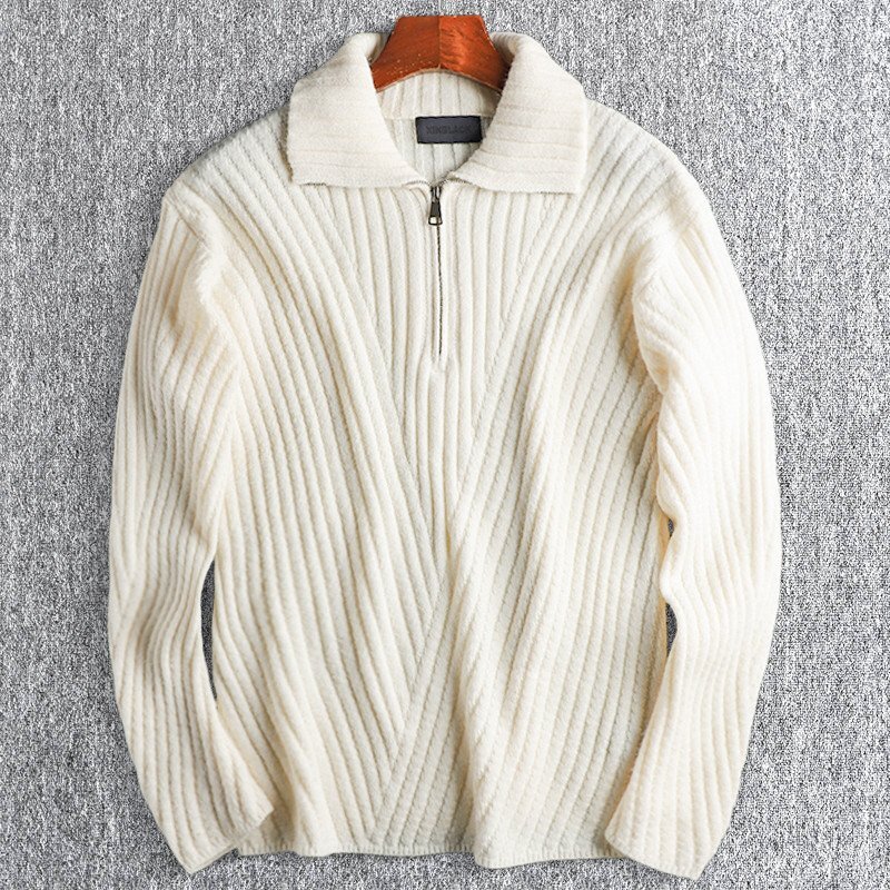 欧米サイズ 新品 ウール混 ジャガード リブ ニット セーター 柔らかい ハーフジップ メンズ 暖かい 秋冬 プルオーバー ベージュ T7094-XL拍卖