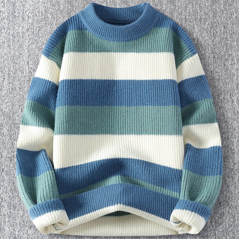新品 DCKMANY ウール混 ニットセーター メンズ ストライプ 3配色 暖かい プルオーバー 厚手 秋冬 プルオーバー トップス 青 T5207-L拍卖