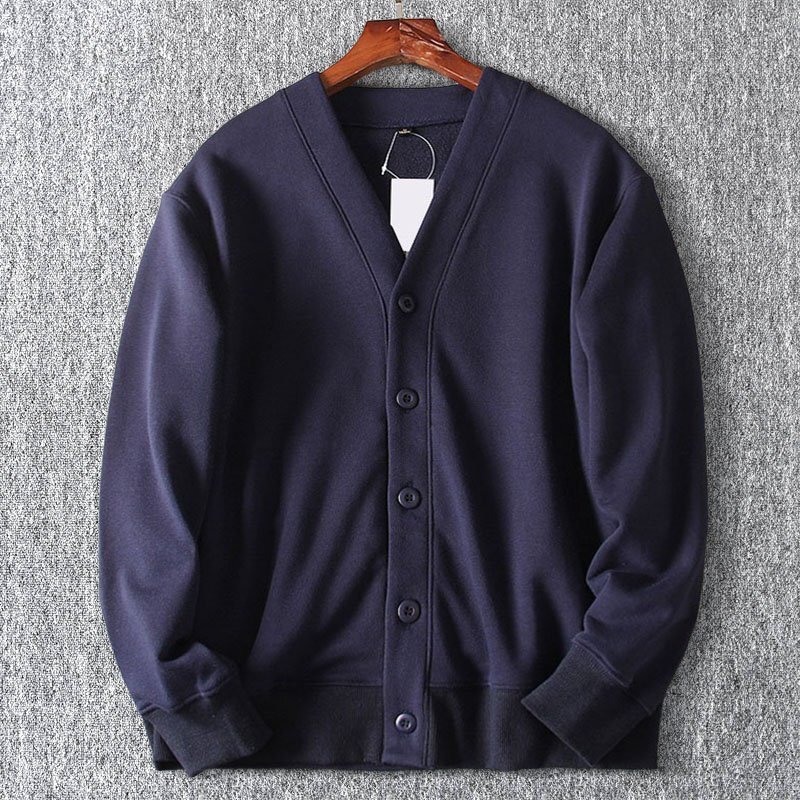 新品 カーディガン ストレッチノーカラー 綿100% パイル 春秋 ニット シングルボタン 無地 メンズ スウェットパーカー ネイビー T6135-L拍卖