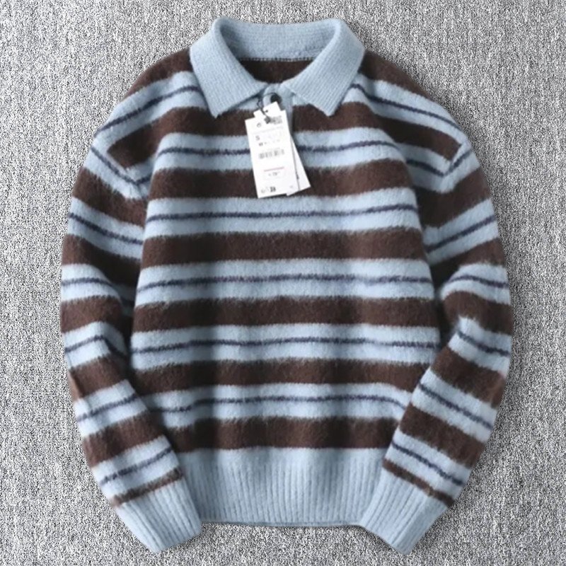 欧米サイズ 新品 ウール混 ポロ襟 ボーダー ニットセーター 柔らかい ニットポロシャツ メンズ 暖かい 秋冬 ニットトップス 青 茶 T9014-L拍卖