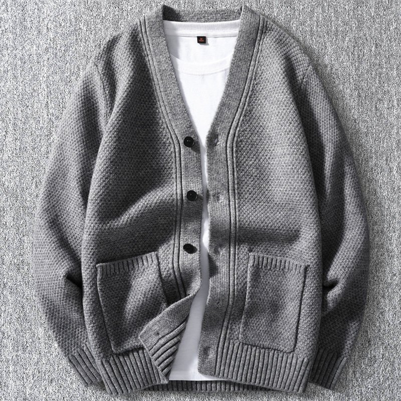 新品 ウール混 ニット カーディガン 秋冬 厚手 無地 Vネック セーター メンズ 秋冬 暖かさ ニットジャケット アウター グレー T6181-L拍卖