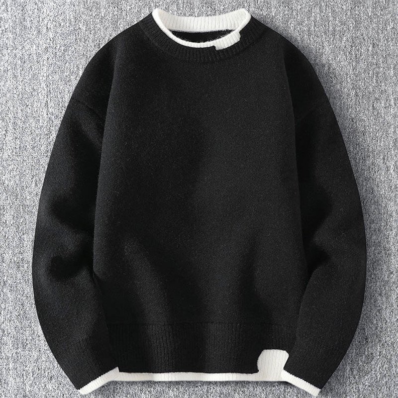 新品 DCKMANY ウール混 ニットセーター メンズ 秋冬 クルーネック バイカラー 配色 厚手 暖かい 長袖 プルオーバー トップス 黒 T5193-L拍卖