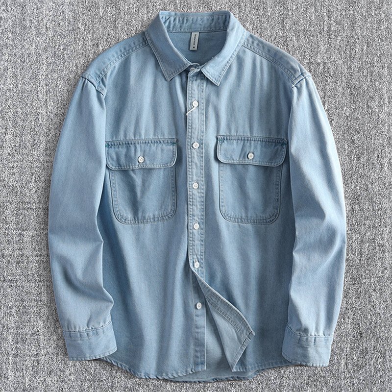 新品 DCKMANY デニム シャツ メンズ 長袖 春夏 薄手 ウォッシュコットン ゆったり カジュアル 胸ポケット ワークシャツ/淡い青T6110-2XL拍卖