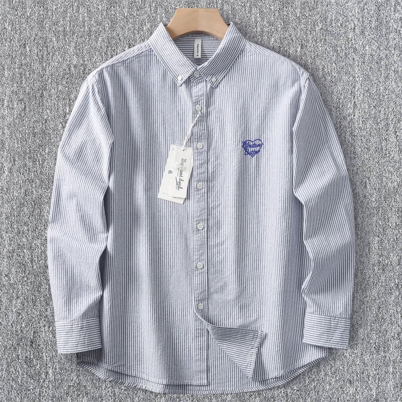 超快適! 国内未販売 DCKMANY 新品 メンズ長袖シャツ 精緻な刺繍 綿100% ストライプ オックスフォード生地 カジュアル/灰T6078-XL拍卖