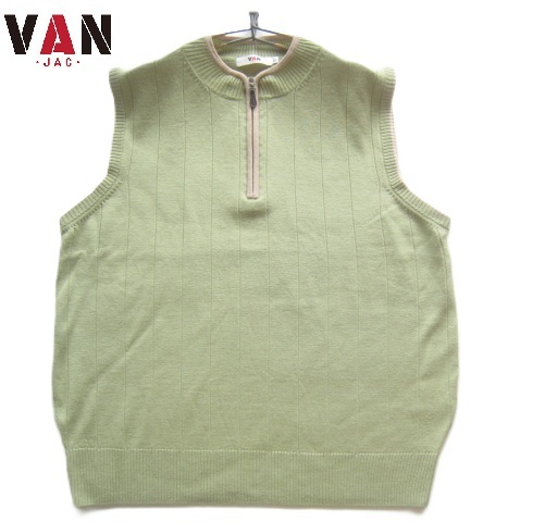 美品!!ヴァンヂャケット VAN JAC*立ち襟ハーフジップウールニットベスト LL カーキ×ベージュ 80s 90s ビンテージ アーカイブ拍卖