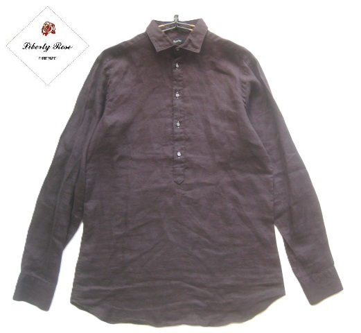 極上イタリア製!!リバティーローズ Liberty Rose*定価2.8万 麻100% 美シルエット リネンプルオーバーシャツ 42 XL 茶 ブラウン拍卖