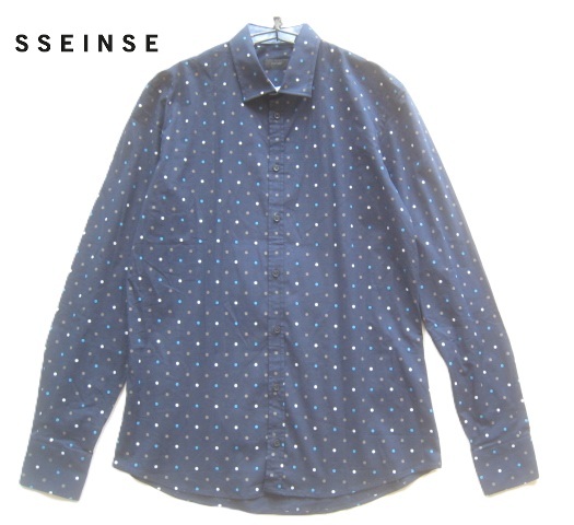 美品アルバニア製!!エッセンス SSEINSE*定価2.2万 ドット総柄プリント ストレッチコットンシャツ L 紺 ネイビー拍卖