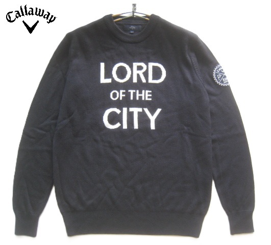 美品!!キャロウェイ Callaway*ロゴ刺繍・ロゴワッペン付き LORD OF THE CITY織り柄 ウールタッチニットセーター M 紺 ゴルフ GOLF拍卖