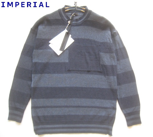 新品イタリア製!!インペリアル IMPERIAL*定価3.8万 ビッグポケット付き ボーダー柄コットンニットセーター S 紺 ネイビー拍卖
