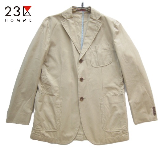 美品!!23区オム 23区HOMME*美シルエット コットン3つボタンアンコンジャケット 46 実寸M ベージュ オンワード樫山拍卖