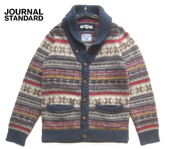 美品!!ジャーナルスタンダード JOURNAL STANDARD*くるみボタン ショールネック ノルディック柄ウールニットカーディガン 38 M 紺 ネイビー拍卖