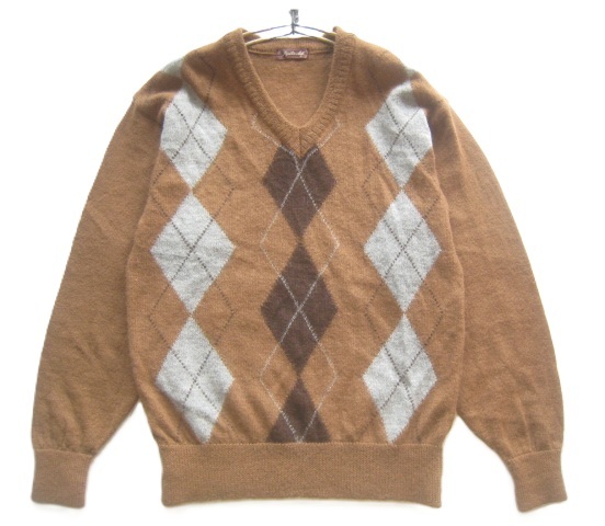 極上日本製!!ジュピタークラブ Jupiter club*アルパカ100% アーガイル柄 Vネック ふわとろニットセーター M 茶 ブラウン拍卖