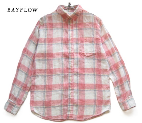 美品!!ベイフロー BAYFLOW*麻88% 春夏モデル チェック柄 清涼ストレッチリネンシャツ 3 実寸M 白×ピンク系 SURF サーフ 海上がりに着たい拍卖