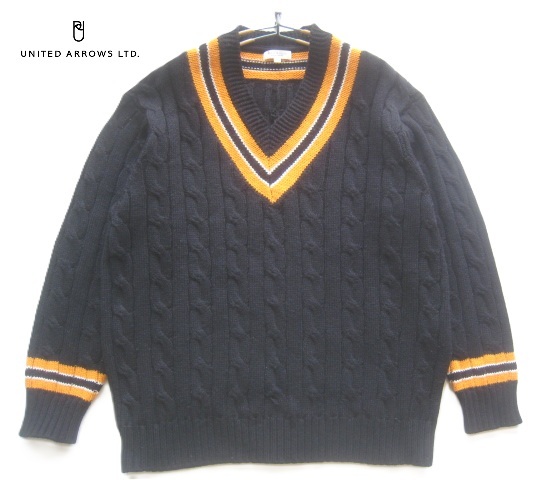 高級!!ユナイテッドアローズ UNITED ARROWS*Vネック ケーブル編みウールタッチ チルデンニットセーター L 黒 ブラック拍卖