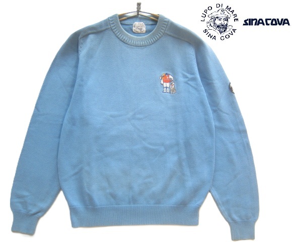 極上日本製!!シナコバ sina cova*ロゴワッペン付き 船長刺繍 クルーネック コットンニットセーター M 水色 サックスブルー (株)伊部拍卖