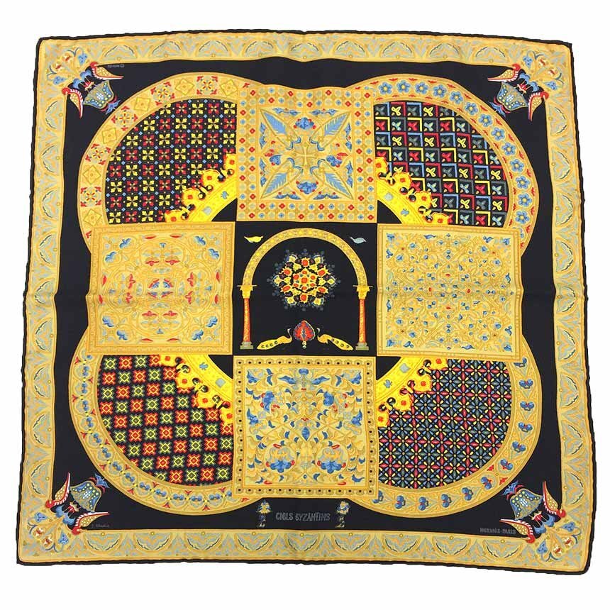 全国送料無料 HERMES エルメス スカーフ カレ45 CIELS BYZANTINS ビザンチンの空 シルク ブラック イエロー 美品 aq11173拍卖