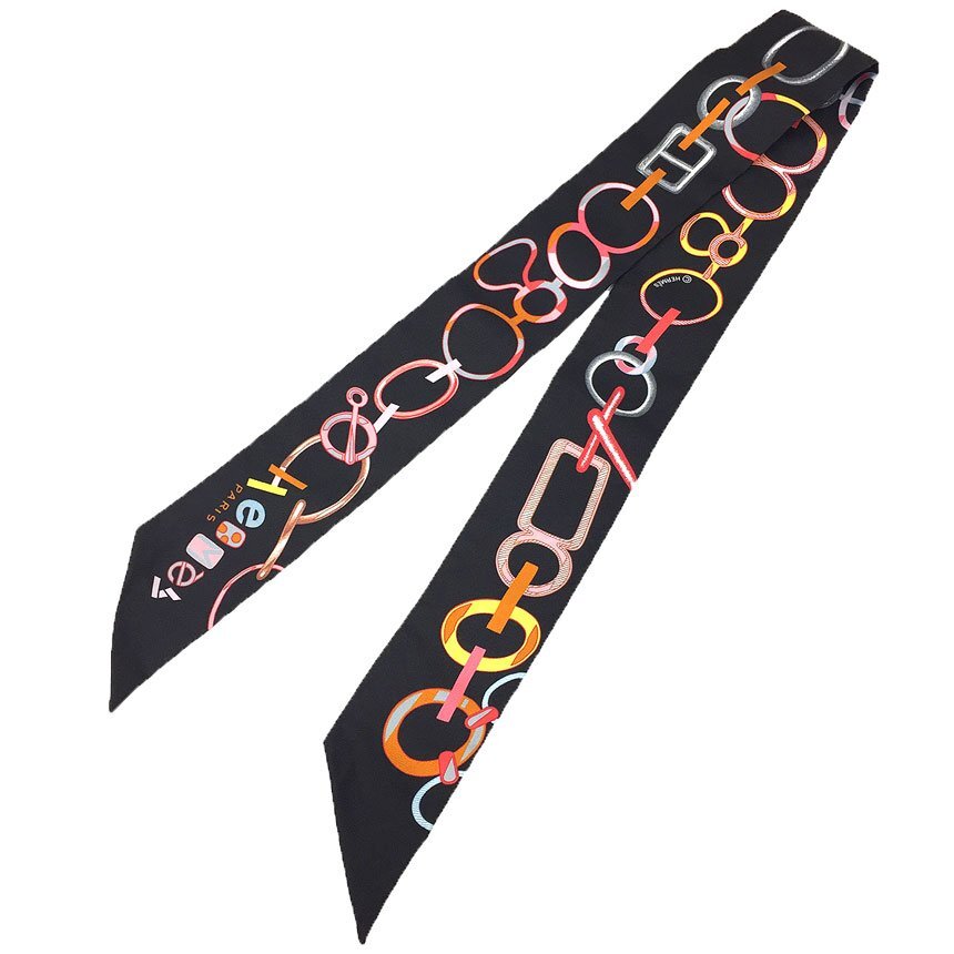 送料無料 HERMES エルメス ツイリー スカーフ Twilly Scarf DO RE BOUCLES ドレブックル シルク ブラック 黒 未使用品 aq11182拍卖