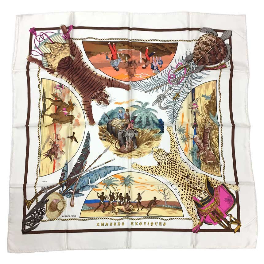送料無料 希少 HERMES エルメス スカーフ カレ90 CHASSES EXOTIQUES エキゾチック狩猟 白 美品 aq11842拍卖