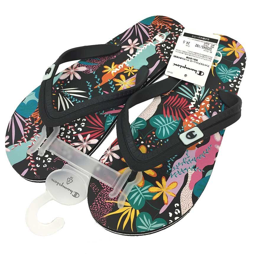 チャンピオン Champion ビーチサンダル 24.5サイズ ブラック ハイビスカス柄 未使用 新古品 aq11880拍卖