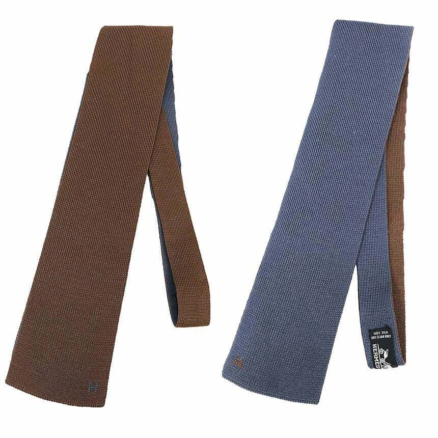 全国送料無料 HERMES エルメス ニットタイ 2WAY リバーシブル ニットネクタイ シルク ブルー ブラウン 美品 aq12266拍卖