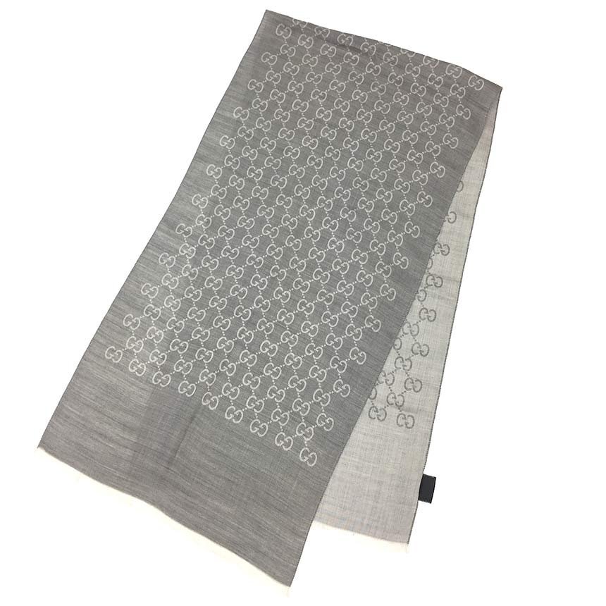 ゆうパケット発送 送料無料 GUCCI グッチ GG ストール ショール マフラー ウール シルク グレー 美品 aq11231拍卖