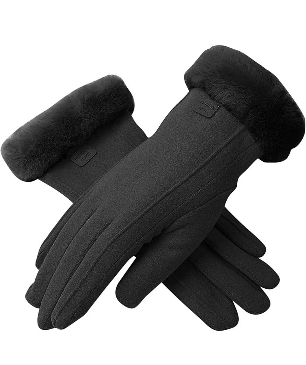 手袋 レディース 手首ファー付 ふわふわ 暖かい 裏起毛 防寒 防風 女の子 グローブ(色:ブラック フリーサイズ)拍卖