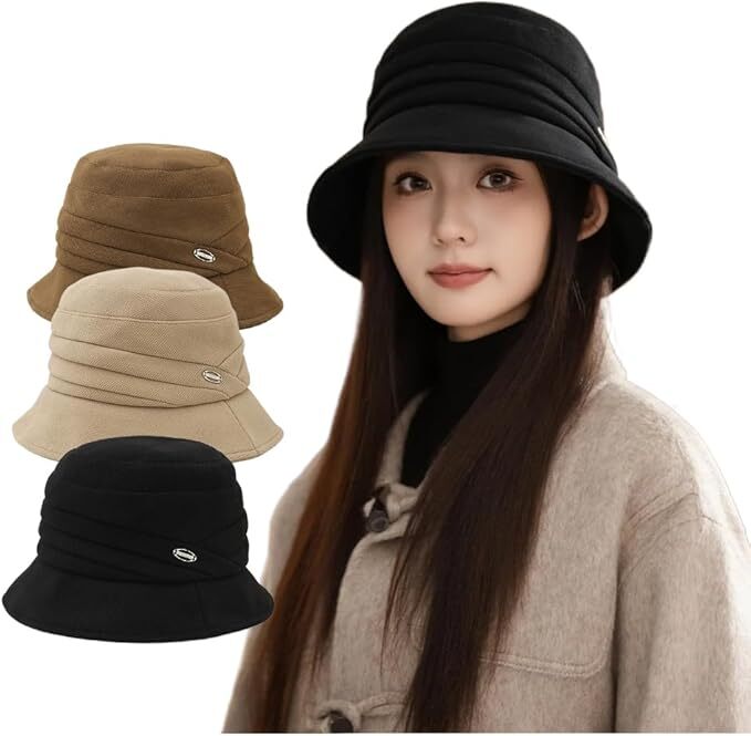 バケットハット 秋冬 帽子 レディース 【小顔効果・美シルエット・防寒保温】 柔らかい 無地 サイズ調整可能(色: ブラック)拍卖