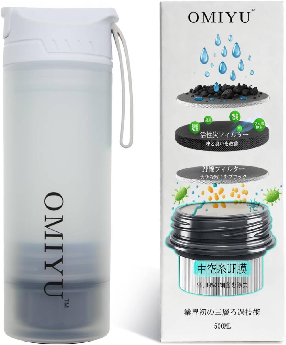 携帯浄水ボトル 500ml 直飲み プレス式 UF中空糸膜 活性炭 SGS試験 防災 交換用フィルター対応 ホワイト拍卖