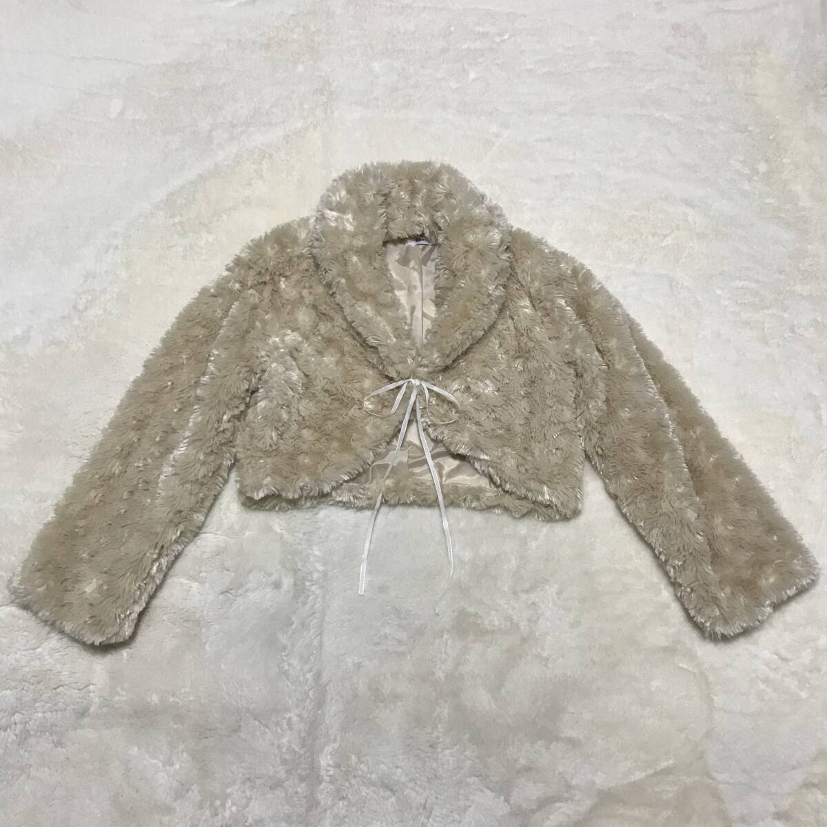 即決★ y2k フェアリーコア ショート丈 ジャケット ファー リボン M ベージュ拍卖