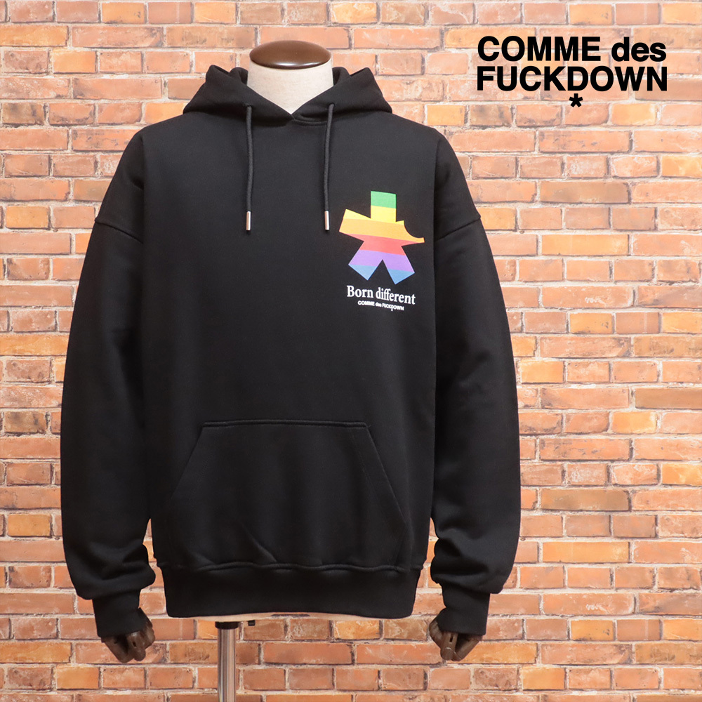 1円/COMME des FUCKDOWN/Lサイズ/パーカー イタリア製 裏毛 スウェット レインボー ロゴ プリント フーディー 新品/黒/ブラック/mc213/拍卖