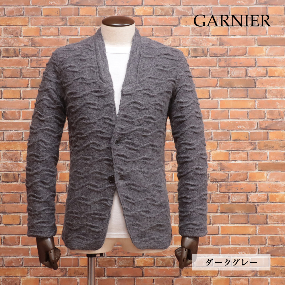 1円/24aw/GARNIER/Lサイズ/タックカーディガン ジャケット 4024661081 ほっこり ニット快適 ノーカラー ガルニエ 新品/ダークグレー/ma462/拍卖