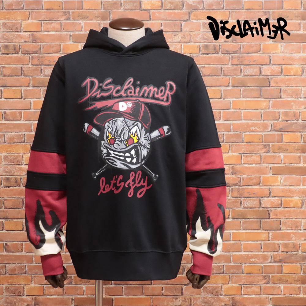 1円/DISCLAIMER/Mサイズ/パーカー フーディー ベースボール プリント 切替デザイン スウェット メンズ 新品/黒/ブラック/mc252/拍卖