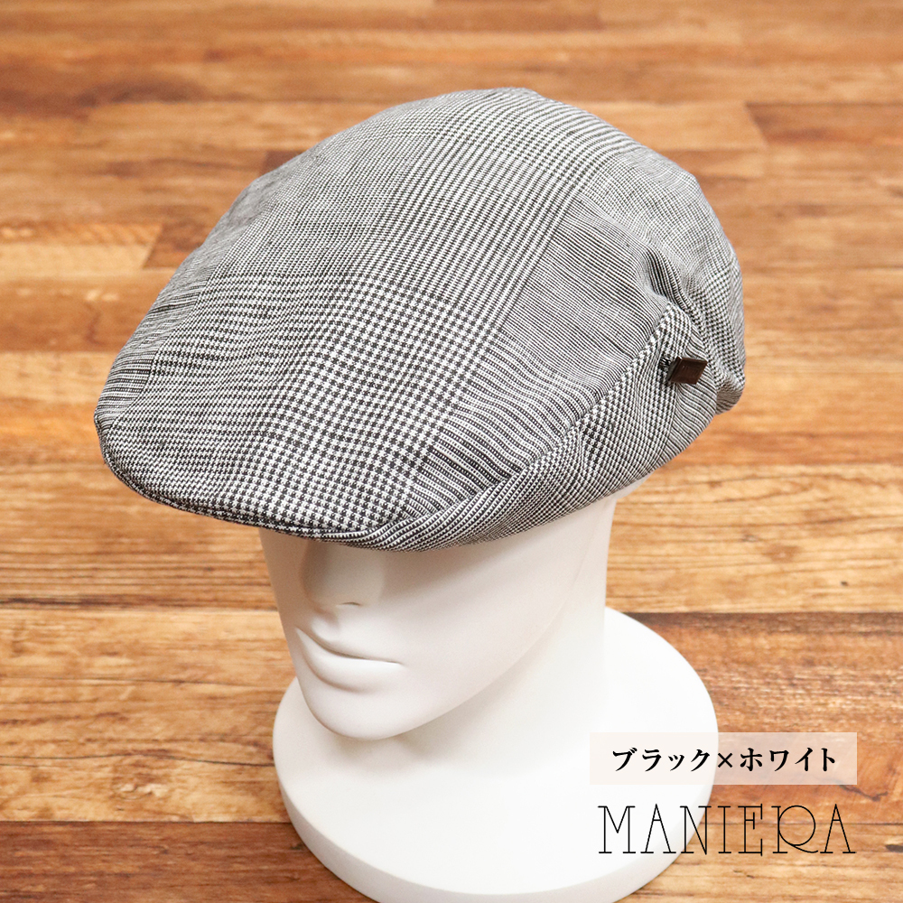 1円/MANIERA/グレンチェック ハンチング 日本製 リネン 麻 トラッド メンズ マニエラ 新品/ブラック×ホワイト/kf363/拍卖