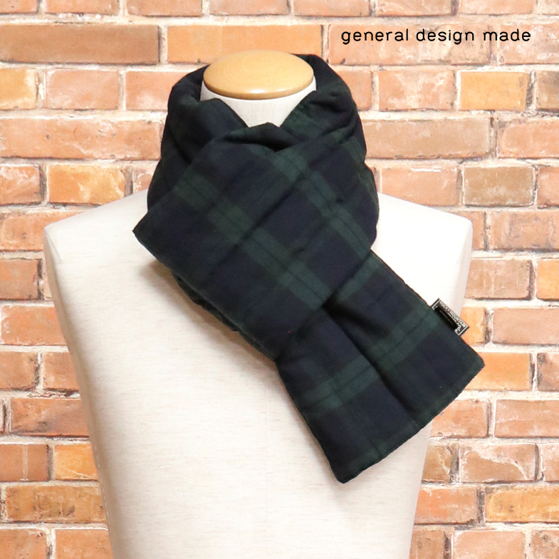 1円/general design made/タータンチェック ダウン ミニマフラー 日本製 防寒 ジェネラルデザインメイド 新品/紺×緑/jh288/拍卖