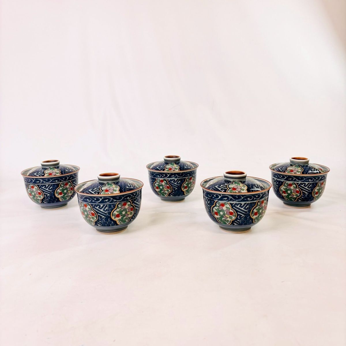 K1102-5 1円〜 【有田焼5客セット】※同梱不可 染錦柿絵祥瑞 小吸物碗揃 蓋付小鉢 茶碗蒸し等 5客セット インテリア キッチン ワンスタ拍卖