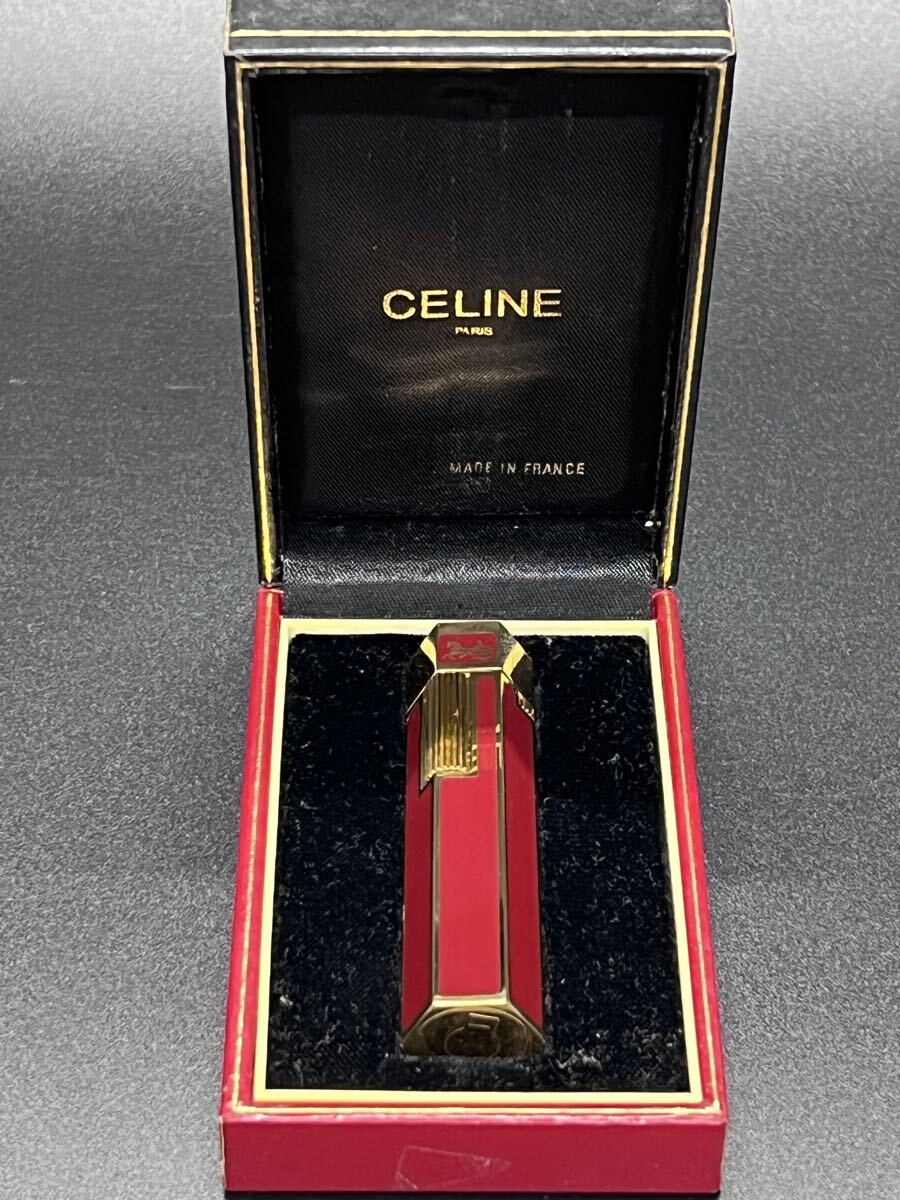 CELINE セリーヌ ガスライター ヘキサゴン 赤ラッカー ゴールド 箱付き拍卖