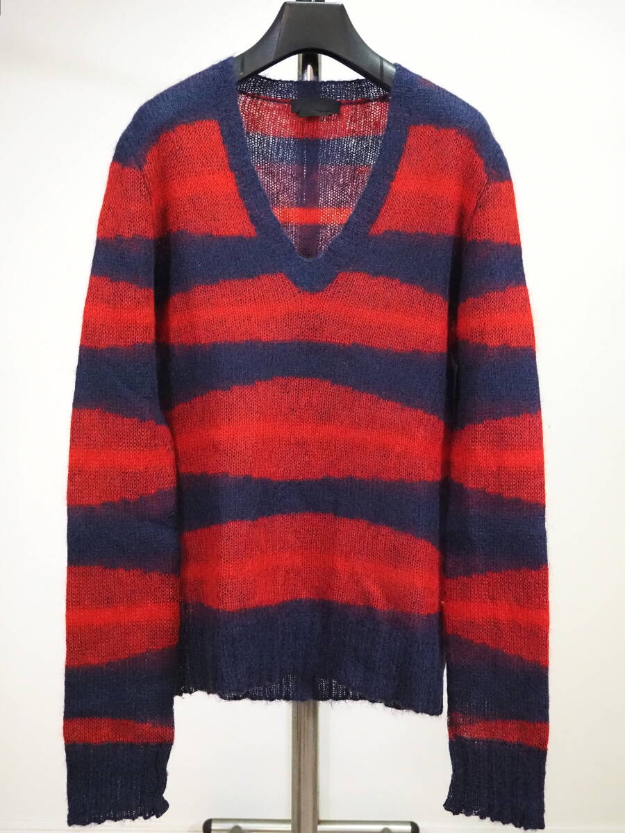 本人期 ビンテージアーカイブ Alexander McQueen アレキサンダーマックィーン モヘア混ボーダーニット48赤×紺 Italy製拍卖