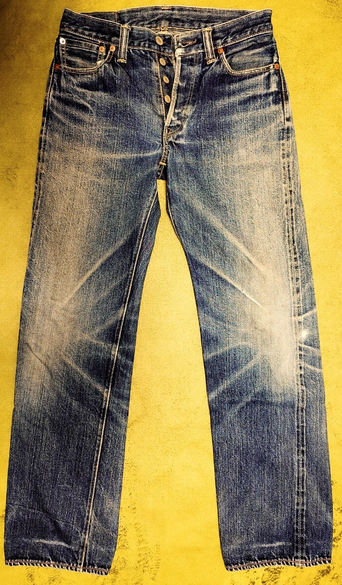 ★THE FLAT HEAD/フラットヘッド デニムパンツ/ジーンズ 3005 W30 ストレート ボタンフライ セルビッチ チェーンステッチ 革パッチ 濃紺拍卖