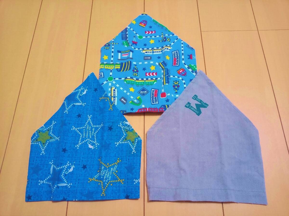 良品中古!!★子供用 三角巾 3枚セット 男の子向け★ 小学生 男子 給食当番 小学校 調理実習 入学準備 ゴム付き 被るタイプ 被るバンダナ ★拍卖