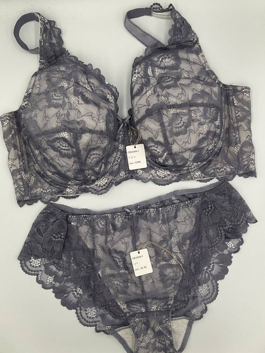 CR16506 IB⑦【特価】新品 大きいブラショーツセット2枚組 G100/4L~5L ブルーグレー 3/4カップ 花柄 レース レディース拍卖