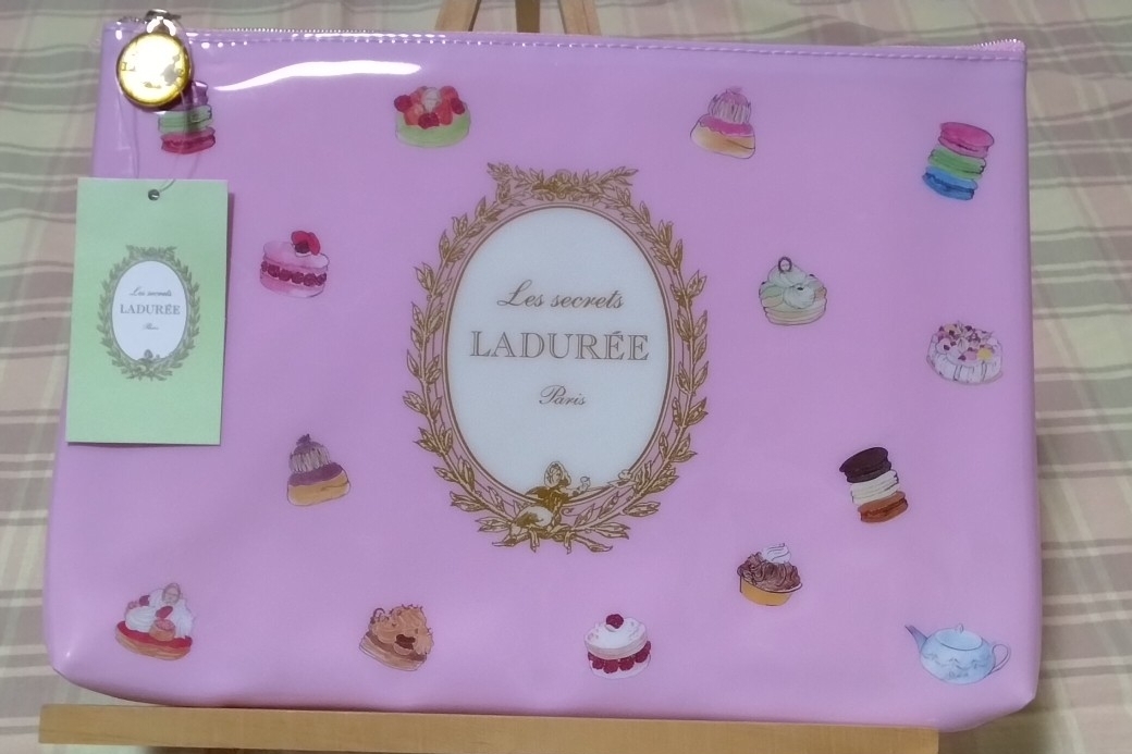 ♪スクレ・ラデュレ♪LADUREE♪マカロン&パティスリー柄♪ロゴ入り♪大きめフラットポーチ♪ピンク拍卖