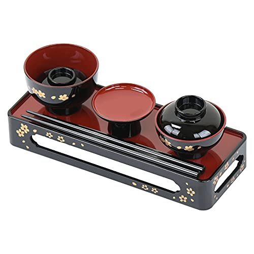 お仏壇のはせがわ 略式御霊具膳 黒 内朱 蒔絵 桜 6.5 仏具 御膳 霊供膳 お供え お膳 お椀 お盆 お彼岸 法事拍卖