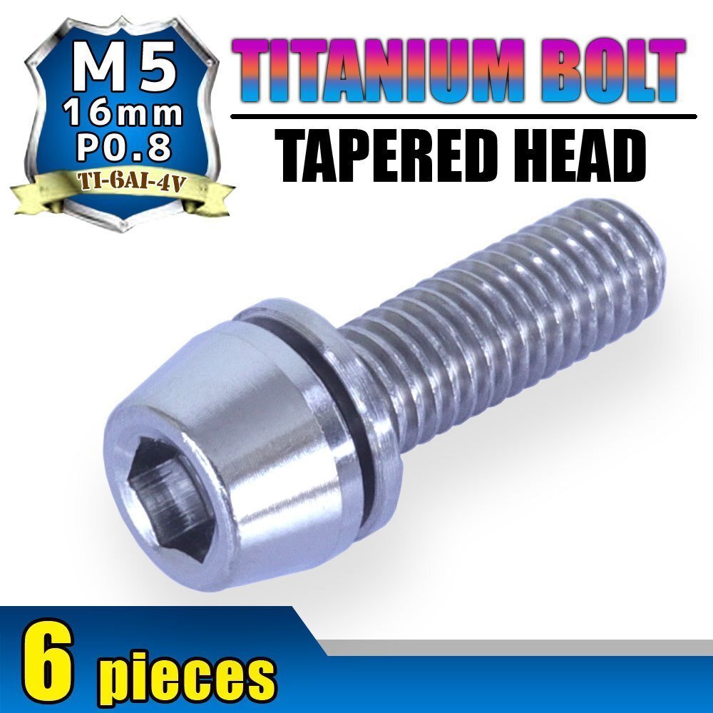メール便OK!M5×16 P0.8 チタンボルト 6本セット 5mm 16mm ピッチ0.8 ワッシャー付き シルバー テーパー ボルト ステム バイク 車 自転車拍卖